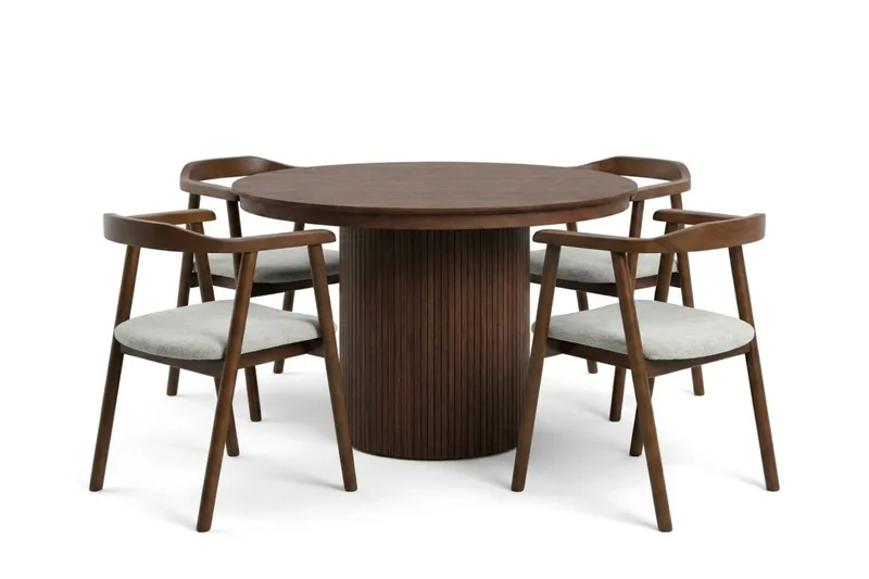Kopparbo spisegruppe udtrækkelig rund 120-220 cm valnød med 4 Jolie spisebordsstole, undefined