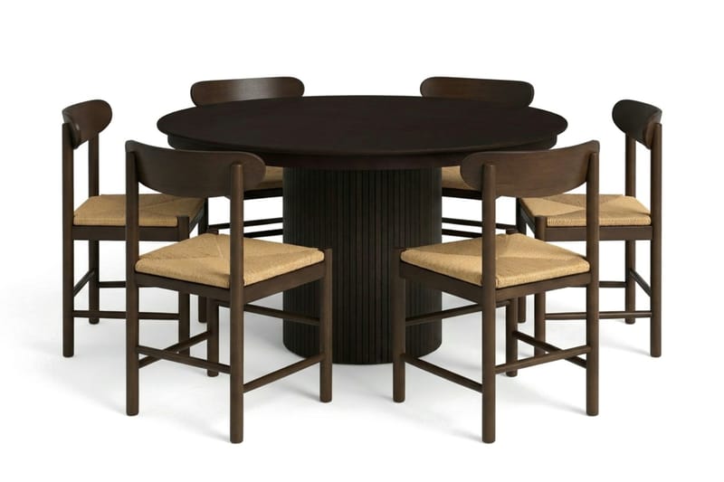 Kopparbo spisegruppe udtrækkelig rund 140-220 cm røget eg med 6 Malte spisestole, undefined