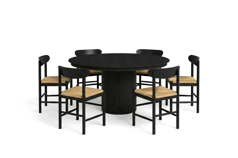 Kopparbo spisegruppe udtrækkelig rund 140-220 cm sort med 6 Malte spisestole, undefined