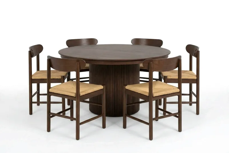 Kopparbo spisegruppe udtrækkelig rund 140-220 cm valnød med 6 Malte spisestole, undefined