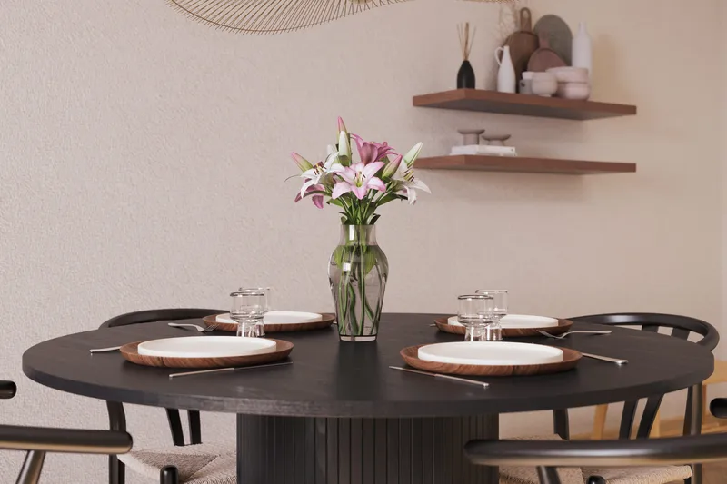 Kopparbo Spisegruppe udvides 130-180 cm Rund med 4 Dastoori Spisestol - Sort - Møbler - Borde - Spisebordssæt