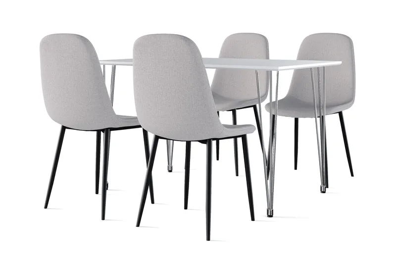 Kronblom Spisebord 120 cm + 4 stk Nibe stol grå med sorte ben, Hvid/Grå