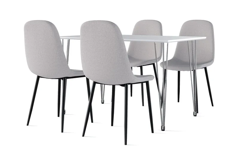 Kronblom Spisebord 120 cm + 4 stk Nibe stol grå med sorte ben, Hvid/Grå