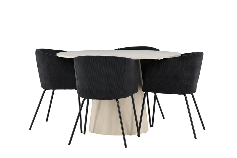 Lanzo Spisegruppe 120 cm Rundt med 4 Berit stole, Whitewash/Svart