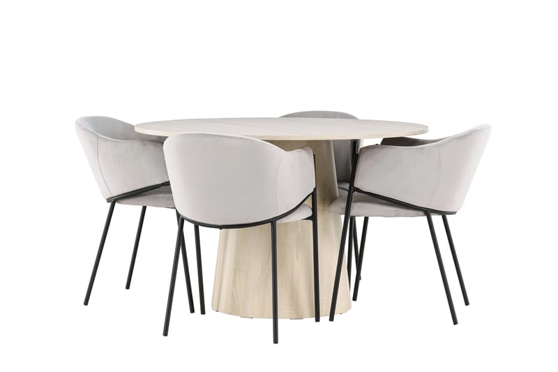Lanzo Spisegruppe 120 cm Rundt med 4 Evelina stole - Whitewash/Grå - Møbler - Borde - Spisebordssæt