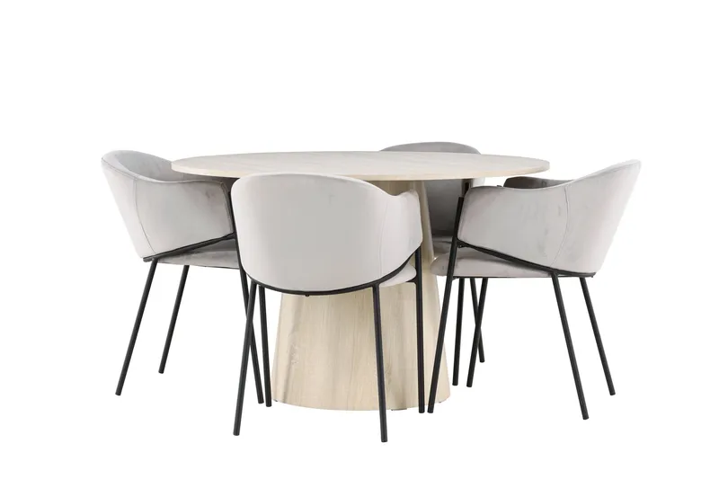 Lanzo Spisegruppe 120 cm Rundt med 4 Evelina stole, Whitewash/Grå