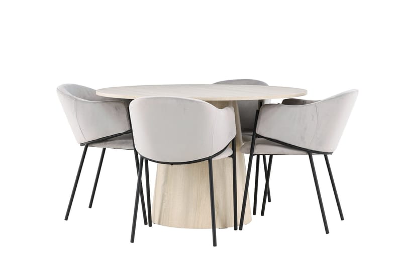 Lanzo Spisegruppe 120 cm Rundt med 4 Evelina stole, Whitewash/Grå