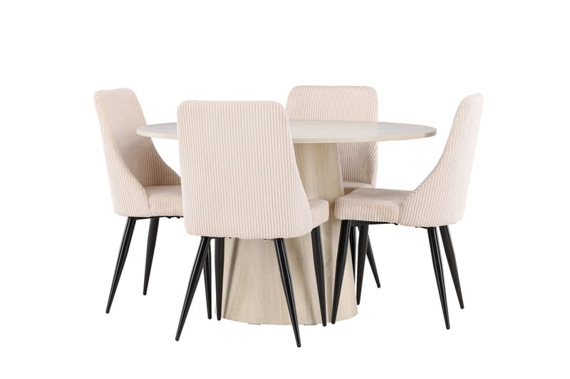 Lanzo Spisegruppe 120 cm Rundt med 4 Leone stole - Whitewash/Beige - Møbler - Borde - Spisebordssæt