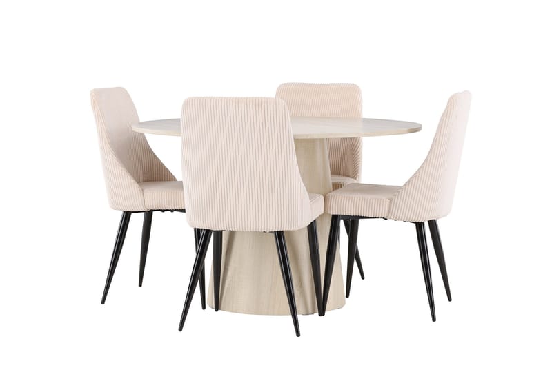 Lanzo Spisegruppe 120 cm Rundt med 4 Leone stole, Whitewash/Beige