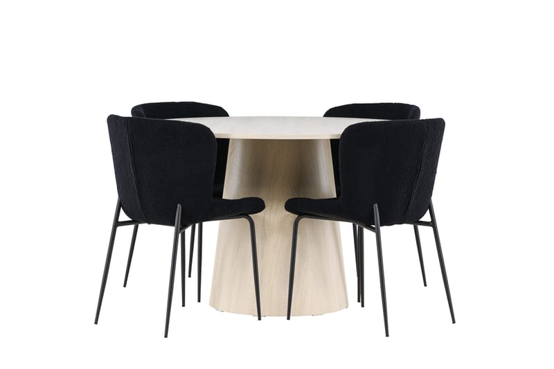 Lanzo Spisegruppe 120 cm Rundt med 4 Modesto stole - Whitewash/Svart - Møbler - Borde - Spisebordssæt