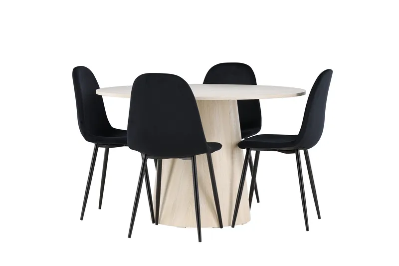 Lanzo Spisegruppe 120 cm Rundt med 4 Polar stole - Whitewash/Svart - Møbler - Borde - Spisebordssæt