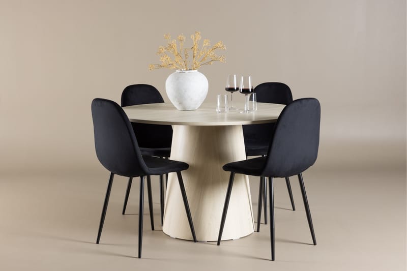 Lanzo Spisegruppe 120 cm Rundt med 4 Polar stole - Whitewash/Svart - Møbler - Borde - Spisebordssæt