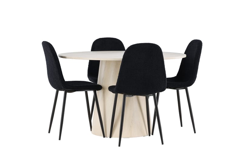 Lanzo Spisegruppe 120 cm Rundt med 4 Polar stole - Whitewash/Svart - Møbler - Borde - Spisebordssæt