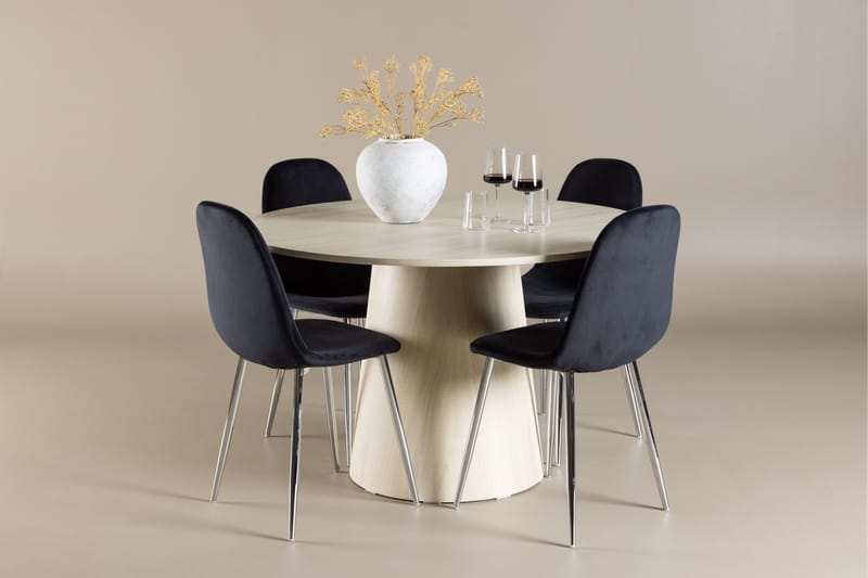 Lanzo Spisegruppe 120 cm Rundt med 4 Polar stole - Whitewash/Svart - Møbler - Borde - Spisebordssæt