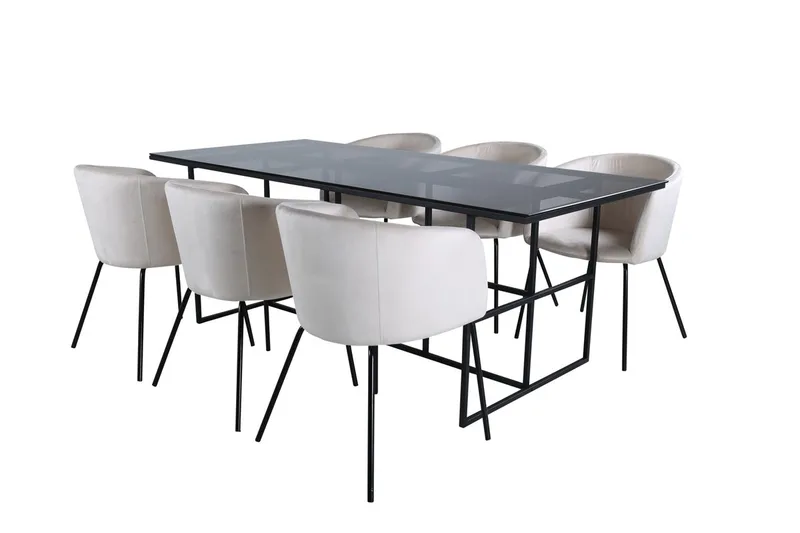 Leif spisebord 200 cm med 6 Berit armstole i velour med armlæn