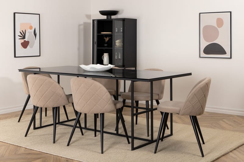 Leif Spisebordssæt 200 cm Rektangulær med 6 Velvet Stole - Beige - Møbler - Borde - Spisebordssæt