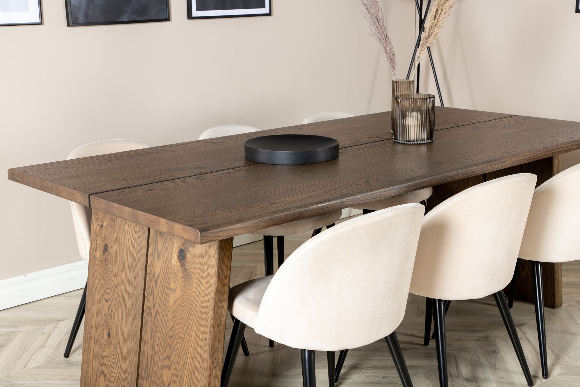 Logger Spisegruppe 210 cm Rektangulær med 6 Velvet Stole - Beige - Møbler - Borde - Spisebordssæt