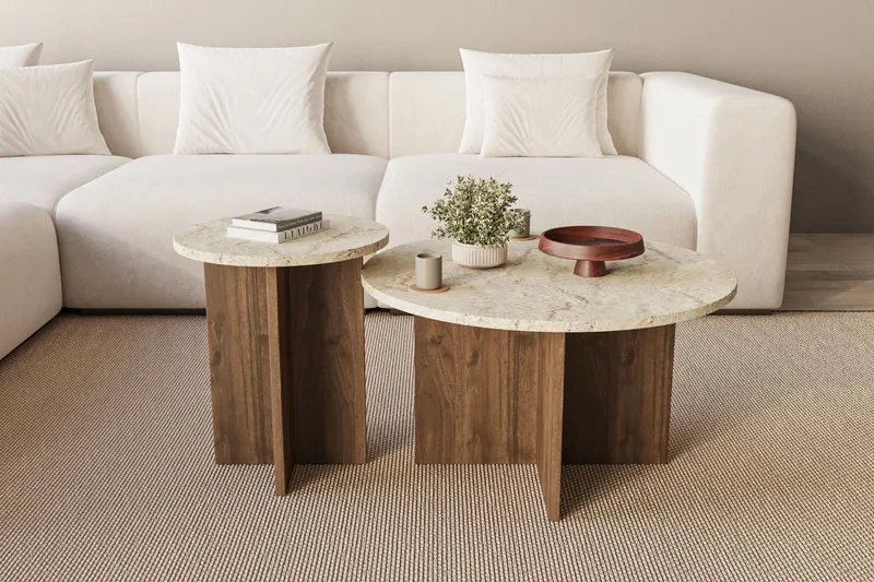 Lorricus sofabord 70 cm rundt - Travertin og Valnød - Møbler - Borde - Sofabord