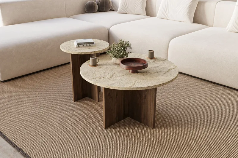 Lorricus sofabord 70 cm rundt - Travertin og Valnød - Møbler - Borde - Sofabord