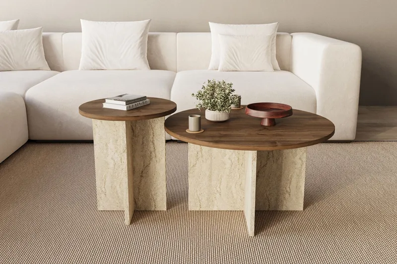 Lorricus sofabord 70 cm rundt - Valnød og Travertin - Møbler - Borde - Sofabord