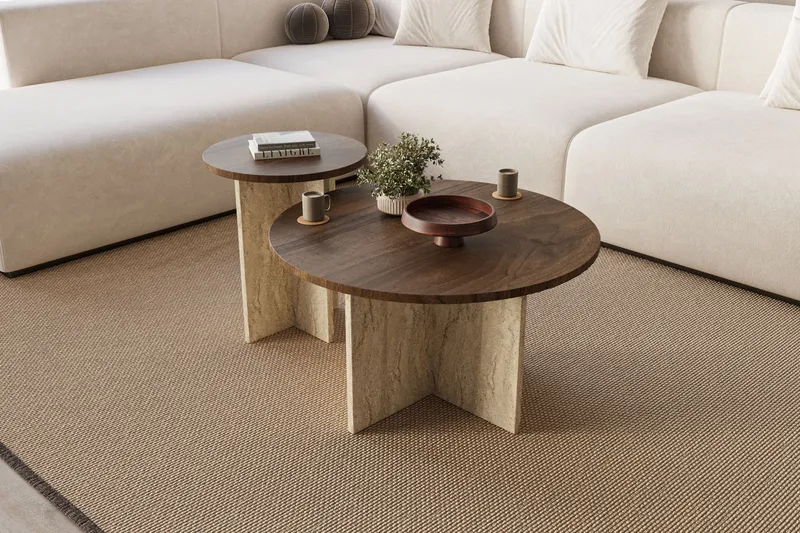 Lorricus sofabord 70 cm rundt, Valnød og Travertin
