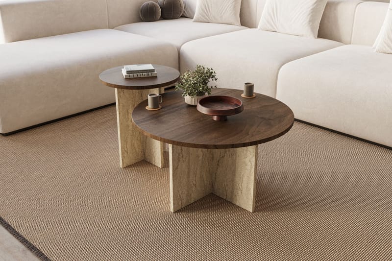 Lorricus sofabord 70 cm rundt, Valnød og Travertin