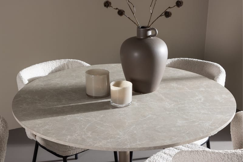 Lycke Spisegruppe 110 cm Rundt med 4 Agnes stole - Beige/Hvid - Møbler - Borde - Spisebordssæt