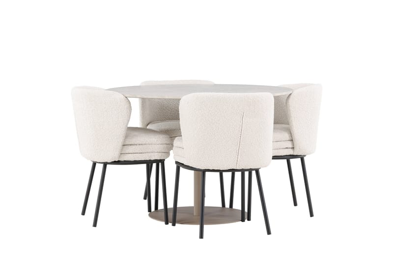Lycke Spisegruppe 110 cm Rundt med 4 Agnes stole - Beige/Hvid - Møbler - Borde - Spisebordssæt