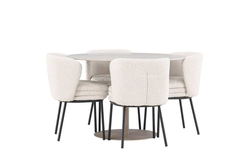Lycke Spisegruppe 110 cm Rundt med 4 Agnes stole - Beige/Hvid - Møbler - Borde - Spisebordssæt