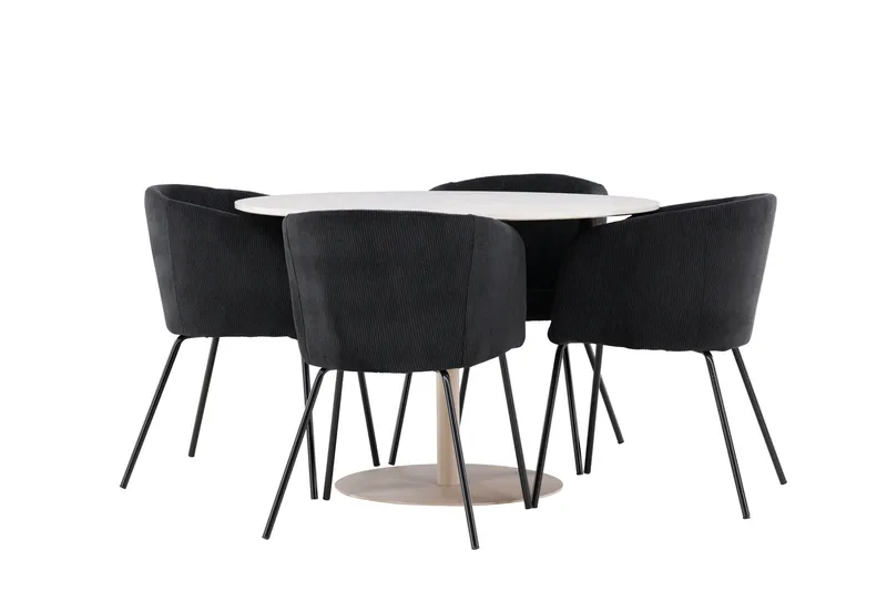 Lycke Spisegruppe 110 cm Rundt med 4 Berit stole, Beige/Sort