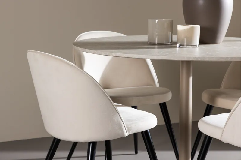 Lycke Spisegruppe 110 cm Rundt med 4 Velvet stole - Beige/Beige - Møbler - Borde - Spisebordssæt