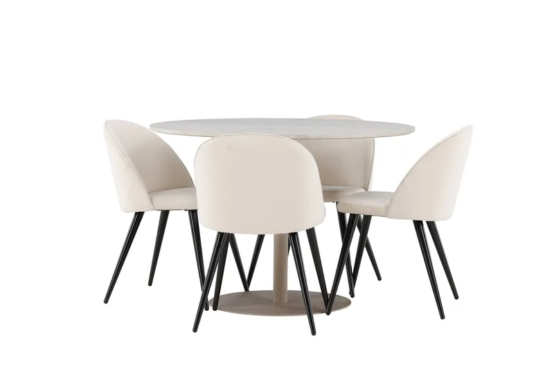 Lycke Spisegruppe 110 cm Rundt med 4 Velvet stole - Beige/Beige - Møbler - Borde - Spisebordssæt