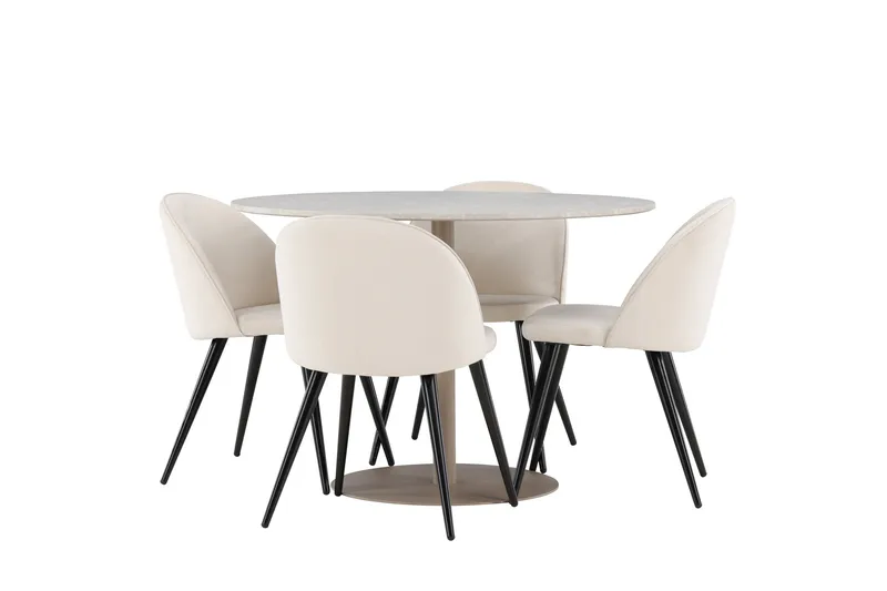 Lycke Spisegruppe 110 cm Rundt med 4 Velvet stole, Beige/Beige