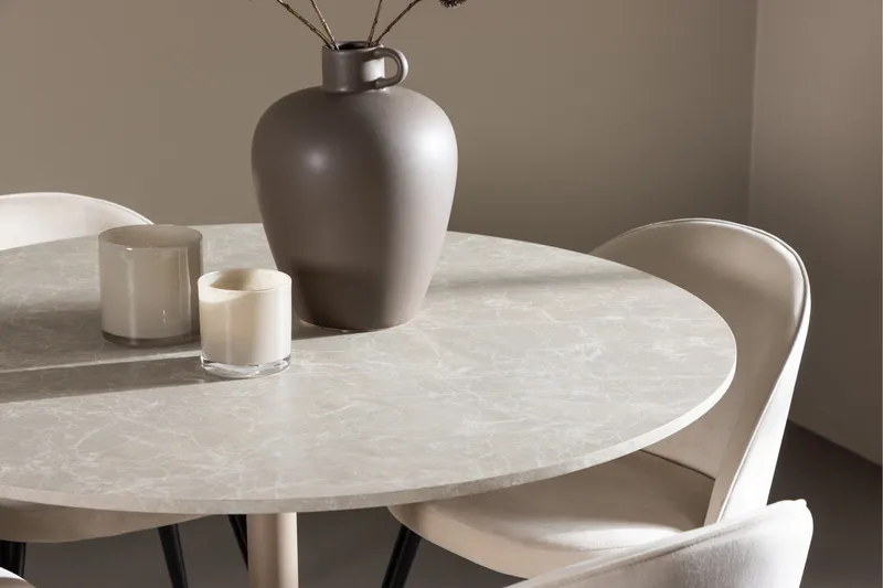 Lycke Spisegruppe 110 cm Rundt med 4 Velvet stole - Beige/Beige - Møbler - Borde - Spisebordssæt