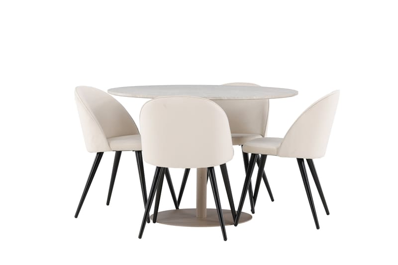 Lycke Spisegruppe 110 cm Rundt med 4 Velvet stole - Beige/Beige - Møbler - Borde - Spisebordssæt