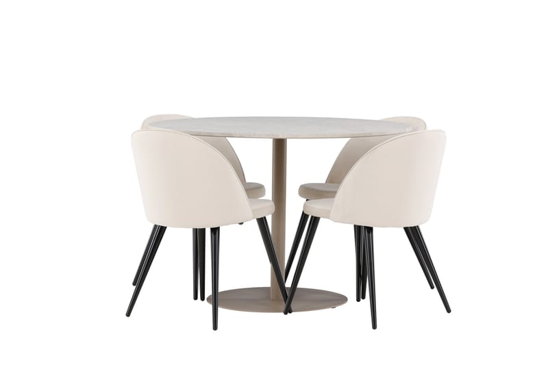 Lycke Spisegruppe 110 cm Rundt med 4 Velvet stole - Beige/Beige - Møbler - Borde - Spisebordssæt
