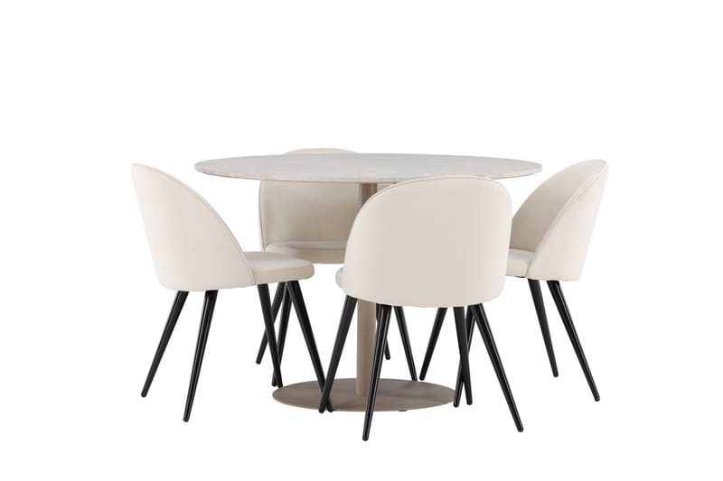 Lycke Spisegruppe 110 cm Rundt med 4 Velvet stole - Beige/Beige - Møbler - Borde - Spisebordssæt