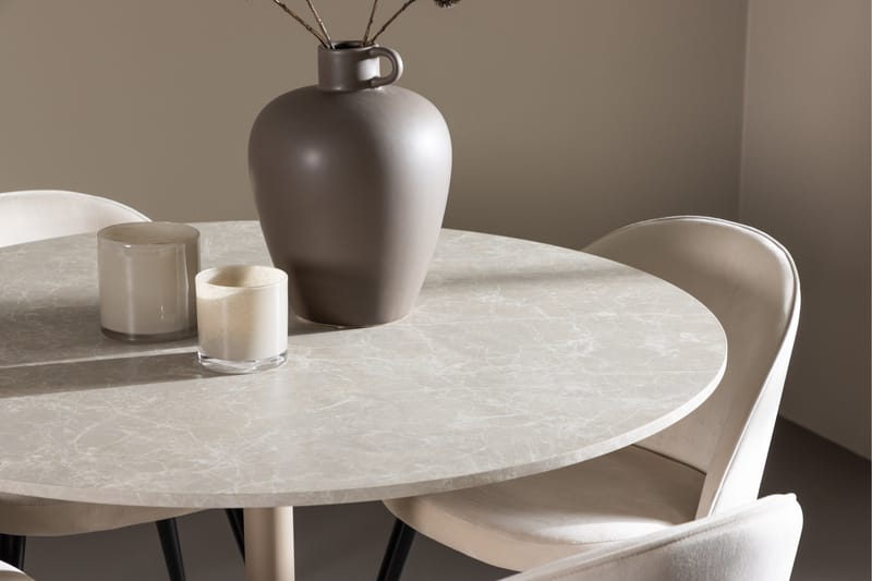Lycke Spisegruppe 110 cm Rundt med 4 Velvet stole - Beige/Beige - Møbler - Borde - Spisebordssæt