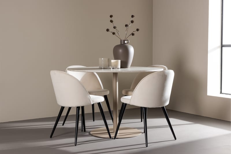 Lycke Spisegruppe 110 cm Rundt med 4 Velvet stole - Beige/Beige - Møbler - Borde - Spisebordssæt