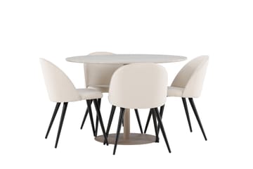 Lycke Spisegruppe 110 cm Rundt med 4 Velvet stole - Beige/Beige - Møbler - Borde - Spisebordssæt