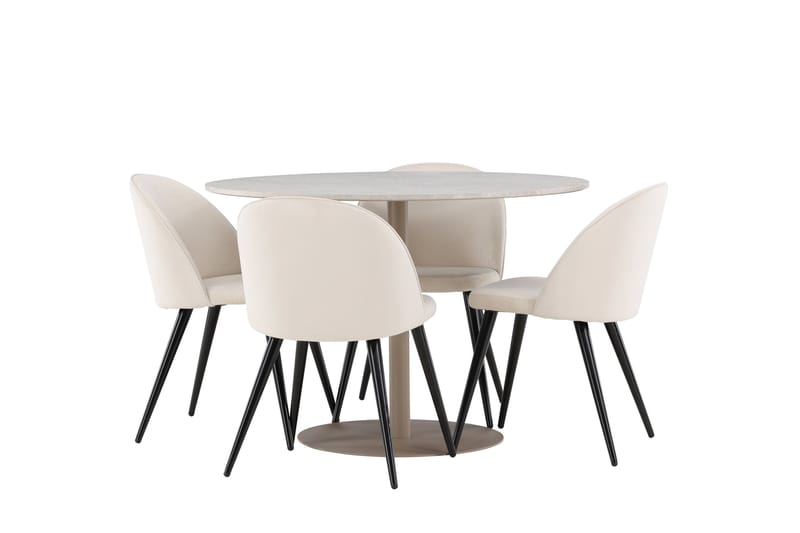 Lycke Spisegruppe 110 cm Rundt med 4 Velvet stole - Beige/Beige - Møbler - Borde - Spisebordssæt