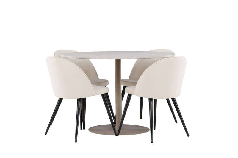 Lycke Spisegruppe 110 cm Rundt med 4 Velvet stole - Beige/Beige - Møbler - Borde - Spisebordssæt