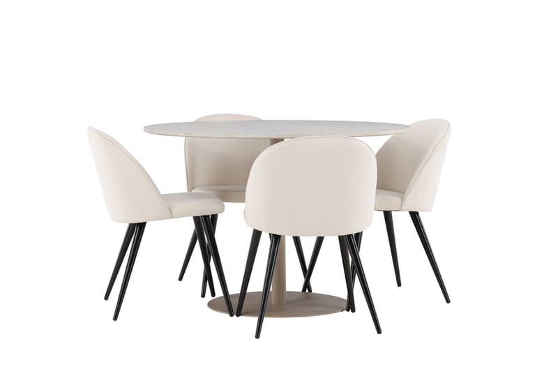 Lycke Spisegruppe 110 cm Rundt med 4 Velvet stole - Beige/Beige - Møbler - Borde - Spisebordssæt