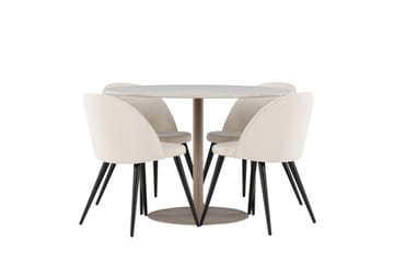 Lycke Spisegruppe 110 cm Rundt med 4 Velvet stole - Beige/Beige - Møbler - Borde - Spisebordssæt