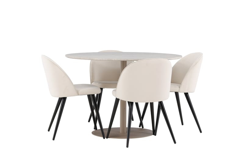 Lycke Spisegruppe 110 cm Rundt med 4 Velvet stole - Beige/Beige - Møbler - Borde - Spisebordssæt