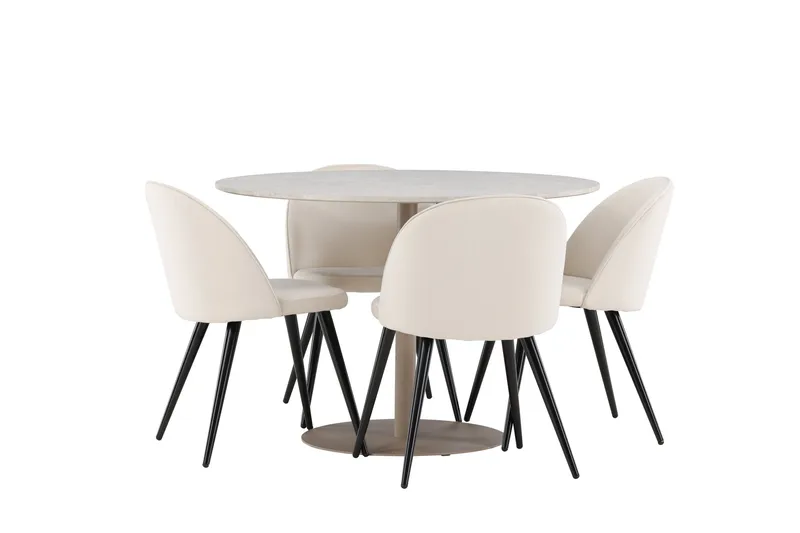 Lycke Spisegruppe 110 cm Rundt med 4 Velvet stole - Beige/Beige - Møbler - Borde - Spisebordssæt