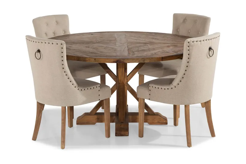 Lyon rund spisegruppe Ø150 cm med 4 Viktoria stole, Vintage Elm / Beige