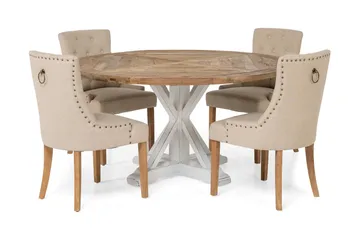 Lyon rund spisegruppe Ø150 cm med 4 Viktoria stole - Vintage Natur/Hvid/Beige - Møbler - Borde - Spisebordssæt