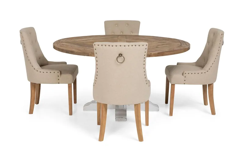 Lyon rund spisegruppe Ø150 cm med 4 Viktoria stole - Vintage Natur/Hvid/Beige - Møbler - Borde - Spisebordssæt