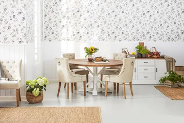 Lyon rund spisegruppe Ø150 cm med 4 Viktoria stole - Vintage Natur/Hvid/Beige - Møbler - Borde - Spisebordssæt